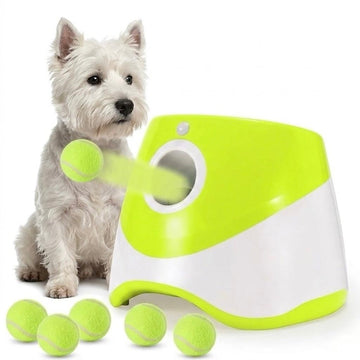 strawii Automatic Dog Ball Launcher, Dog Ball Thrower with 6 Mini Tennis Balls Sizing 2 Inch and Mesh Bag, Interactive Dogs Toys Tennis Balls Launcher for Small Dogs with 3 Distance Settings